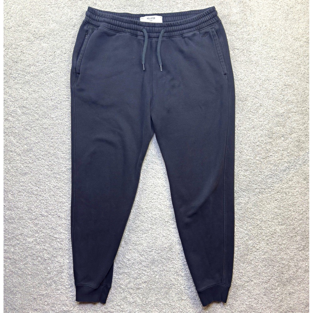 Hollister Jogger Sweatpants Mens XL Black Fleece Zip Pocket Drawstring Cuffed